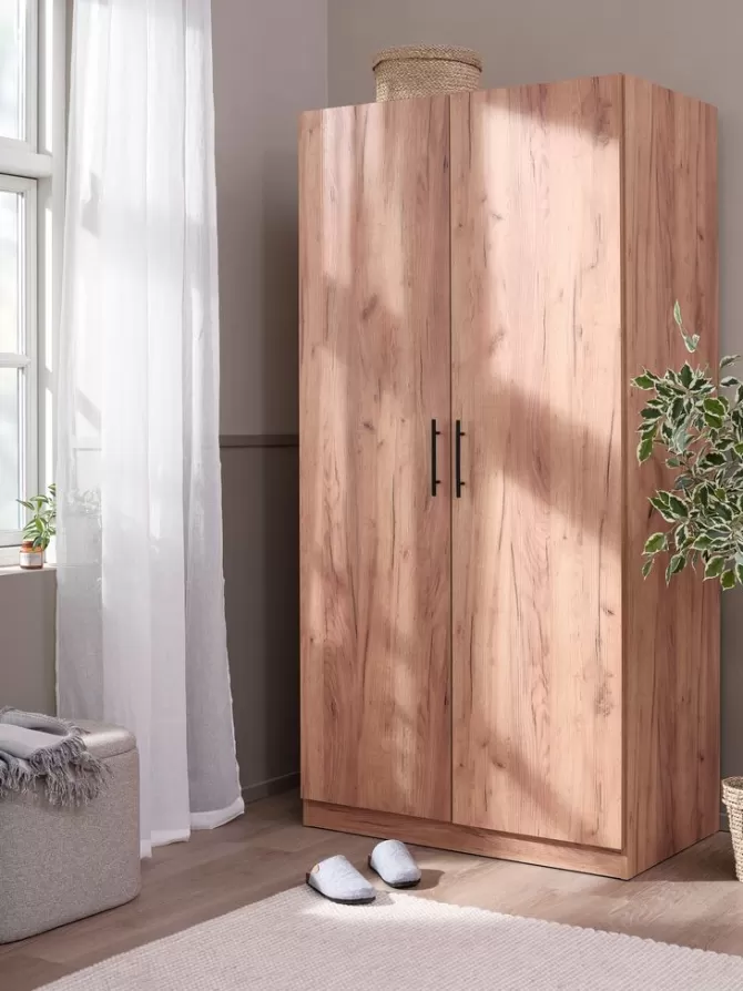 Flash Sale Garderobeskab 101x200 2 låger egefarve natur Garderobeskabe Med Skydedøre | Garderobeskabe Med Skydedøre