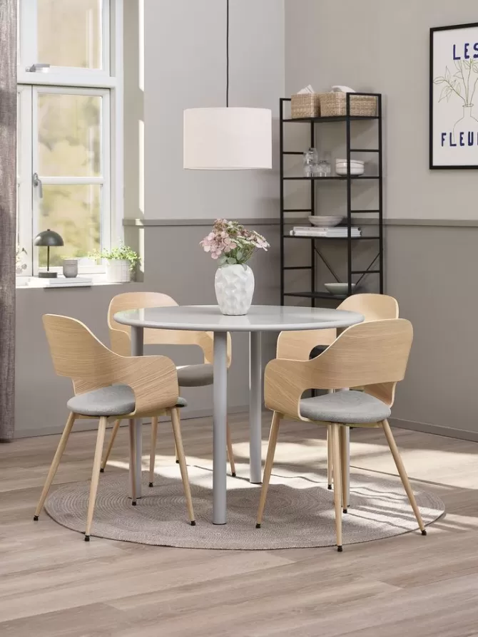 Best Sale HANSTED Ø100 bord grå + 4 HVIDOVRE stole lys eg Spisebordssæt
