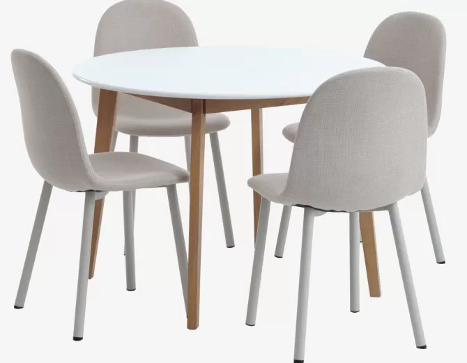 Best Sale JEGIND Ø105 bord hvid + 4 EJSTRUP stole beige Spisebordssæt