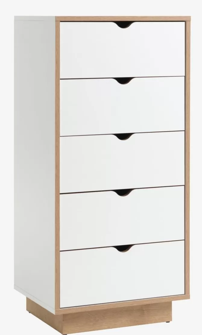 Outlet Kommode 5 skuffer smal hvid/eg Kommoder | Kommoder
