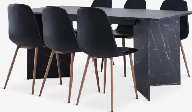 Best KRONDAL L180 bord marmor + 4 JONSTRUP stole sort/eg Spisebordssæt