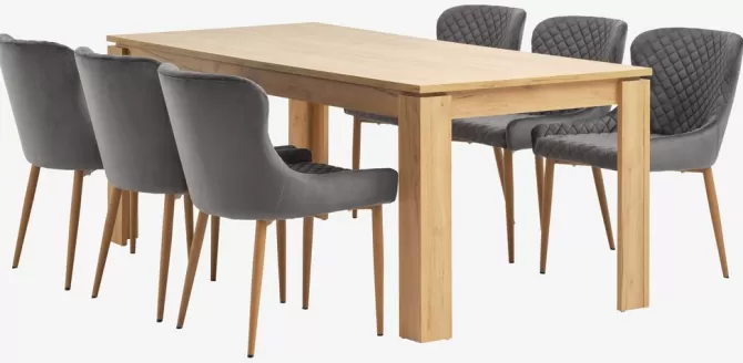 lintrup_l_bord_eg___pebringe_gr_velour_2.webp Sale LINTRUP L190/280 bord eg + 4 PEBRINGE grå velour Spisebordssæt