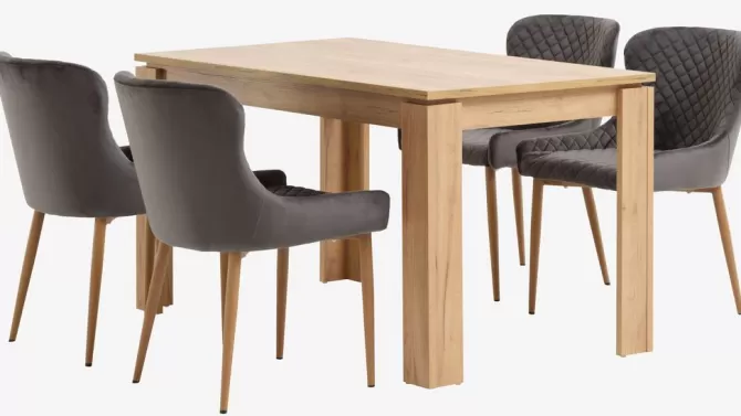 Best LINTRUP L140 bord eg + 4 PEBRINGE stole grå velour Spisebordssæt