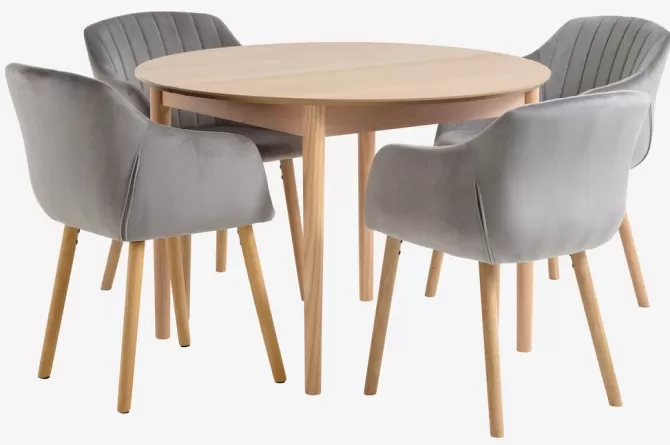 Shop MARSTRAND Ø110 bord eg + 4 ADSLEV stole grå velour Spisebordssæt