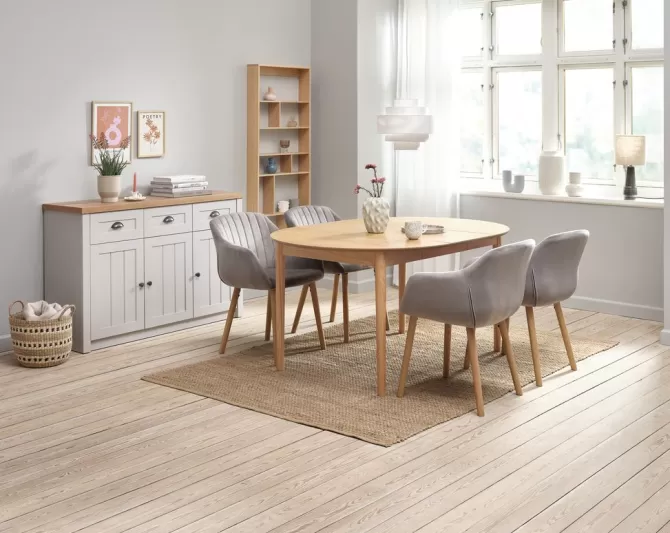 Shop MARSTRAND Ø110 bord eg + 4 ADSLEV stole grå velour Spisebordssæt