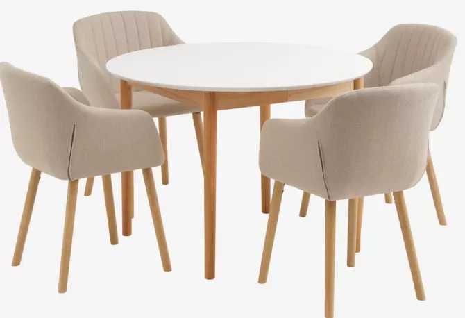 Store MARSTRAND Ø110 bord hvid + 4 ADSLEV stole beige Spisebordssæt