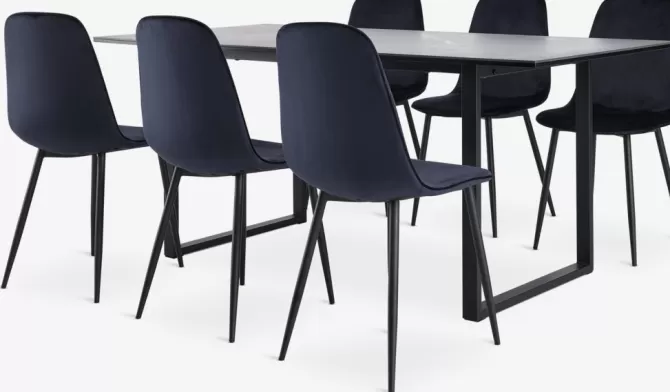 moselund_bord_l_keramik___bistrup_stole_mrkebl_velour_3.webp Outlet MOSELUND bord L180 keramik + 4 BISTRUP stole mørkeblå velour Spisebordssæt
