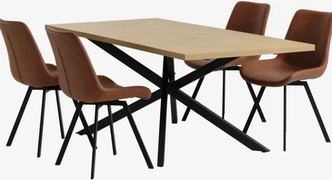Discount NORTOFT L200 bord eg + 4 HYGUM stole cognac Spisebordssæt