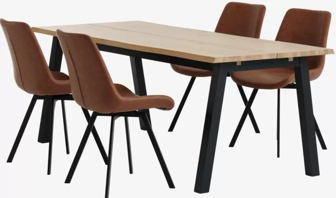 Flash Sale SKOVLUNDE L200 bord eg natur + 4 HYGUM stole cognac Spisebordssæt