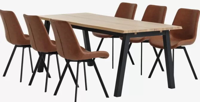 skovlunde_l_bord_eg_natur___hygum_stole_cognac_2.webp Flash Sale SKOVLUNDE L200 bord eg natur + 4 HYGUM stole cognac Spisebordssæt