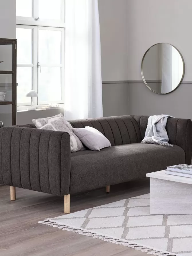 Fashion Sofa 3-pers. mørkebrunt stof/egefarve Sofaer Med Chaiselong | Hjørnesofaer