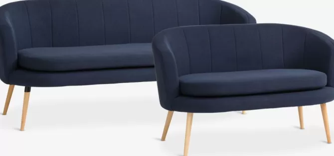 Sale Sofasæt 3+2 pers. mørkeblåt stof Sofaer Med Chaiselong | Hjørnesofaer