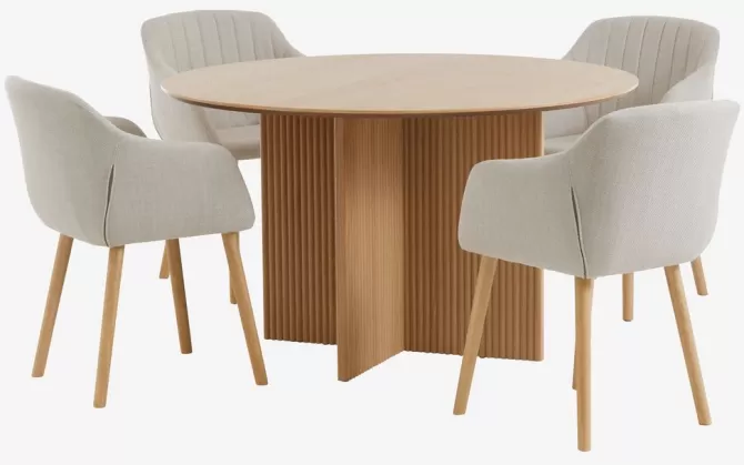 Best Sale VESTERBORG Ø130 bord eg + 4 ADSLEV stole beige Spisebordssæt