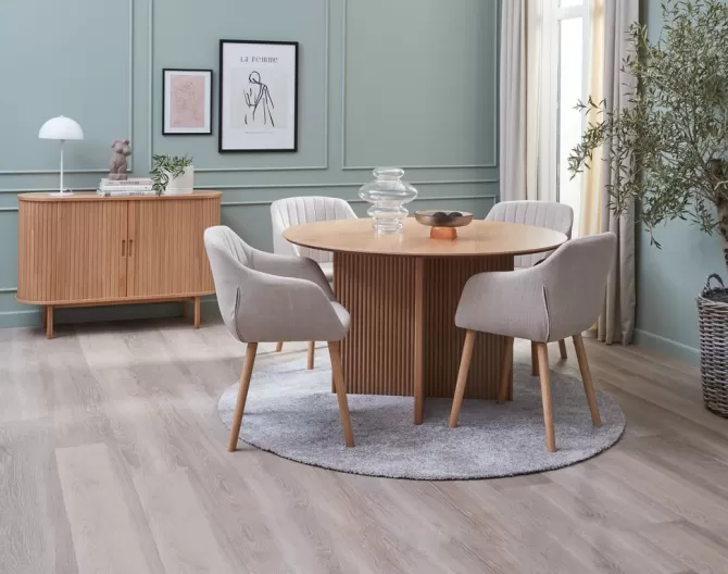 Best Sale VESTERBORG Ø130 bord eg + 4 ADSLEV stole beige Spisebordssæt